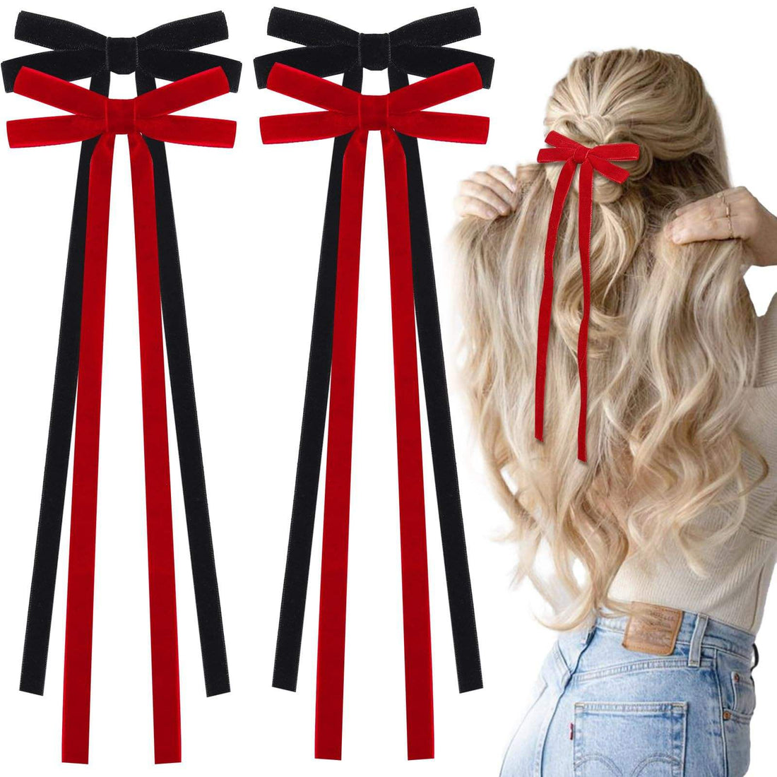 Red Tassel Ribbon Bow Hair Clips